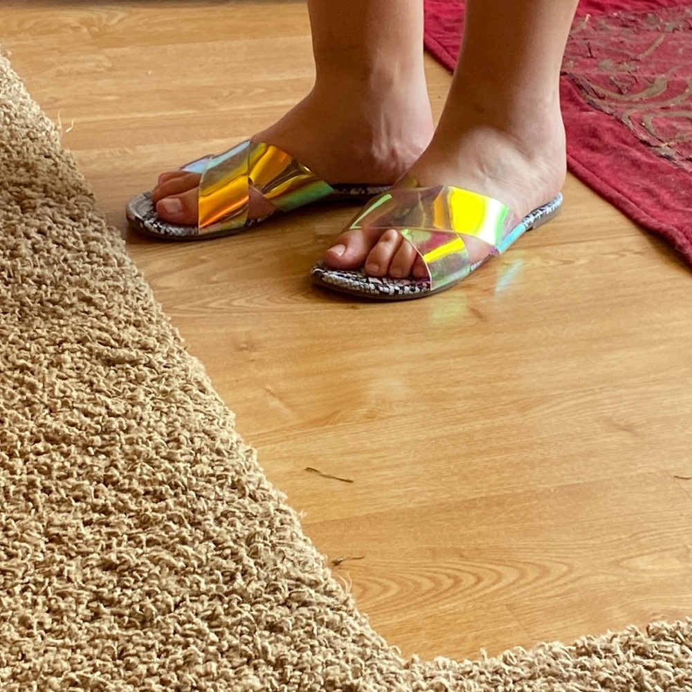 Snake skin print sandals with iridescent straps